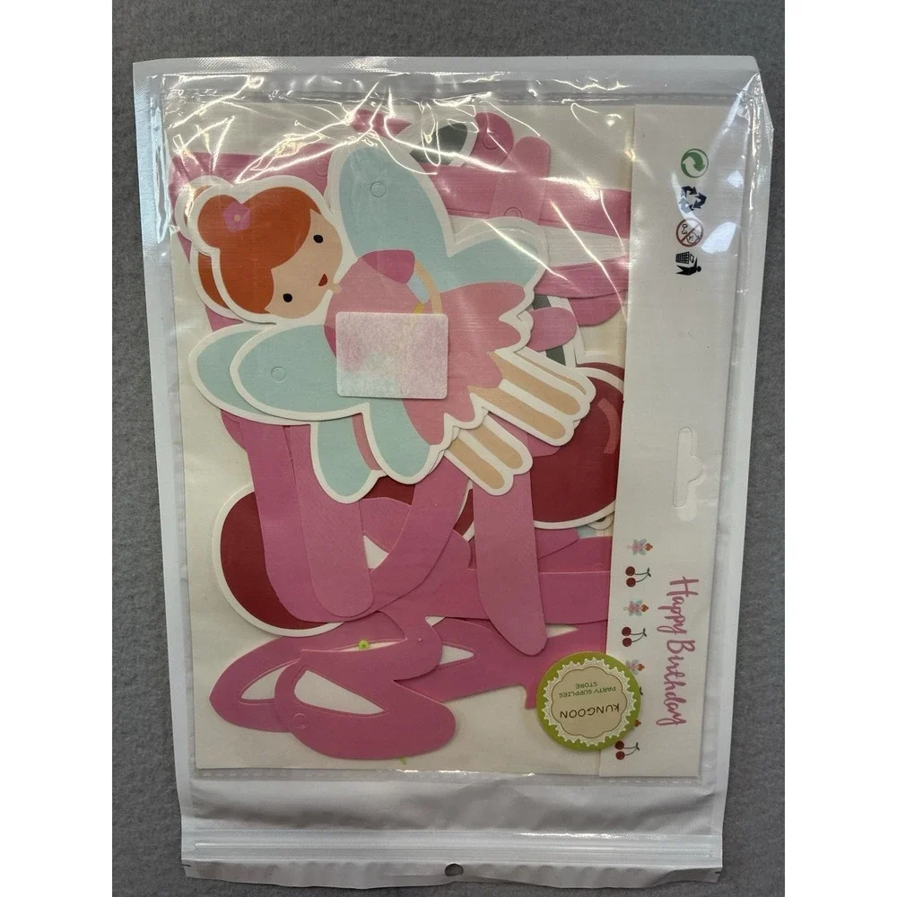 Happy Birthday Fairies & Cherries‎ Set Of 2 Hanging Decorations Girl Banner Pink
